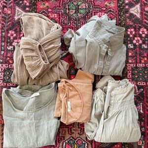 Neuflora size large 5 piece bundle Sage Beige and Gray Blouses + dress